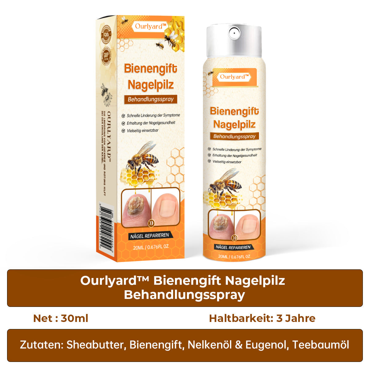 Ourlyard™ Spray de traitement contre les champignons des ongles au venin d’abeille Pro