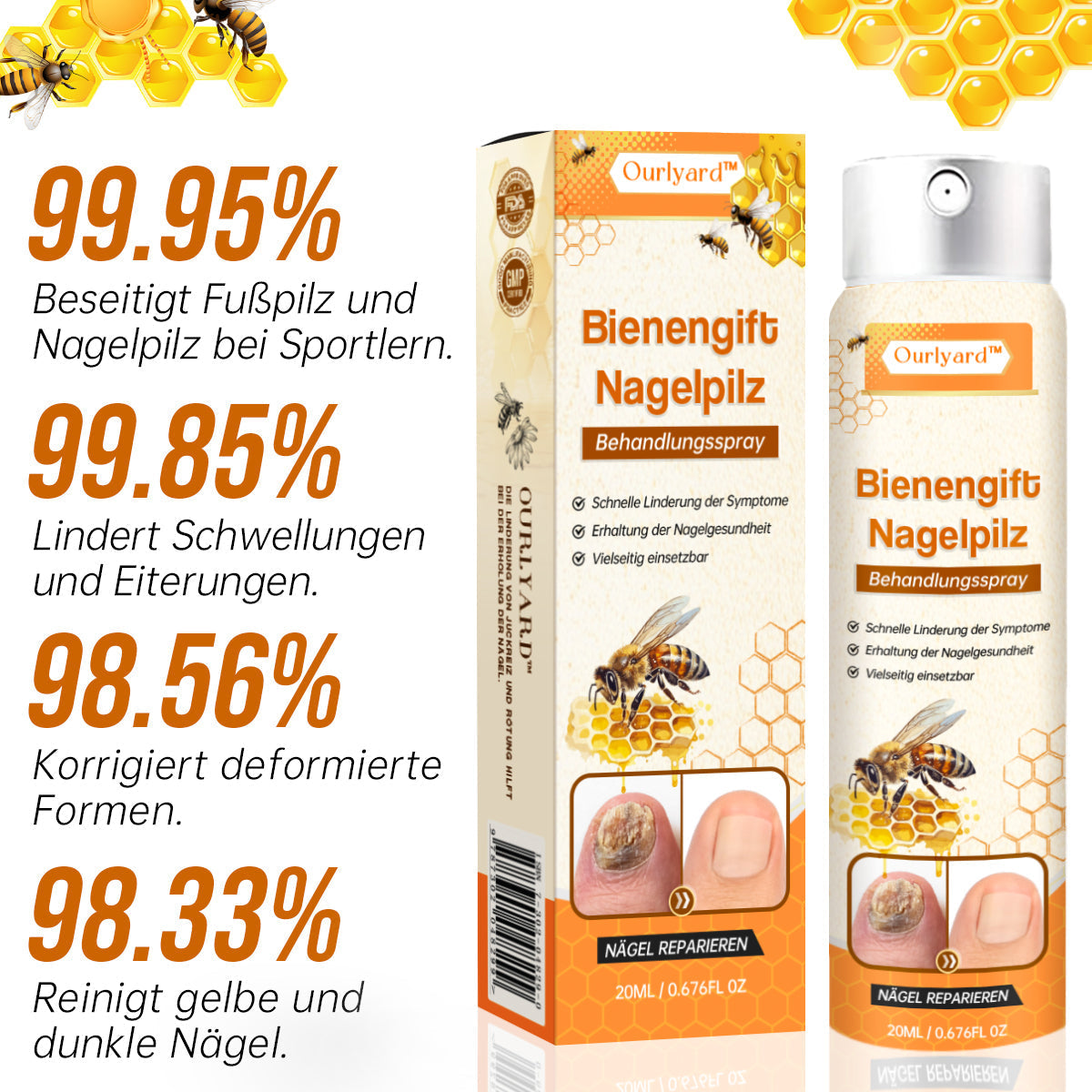 Ourlyard™ Spray de traitement contre les champignons des ongles au venin d’abeille Pro